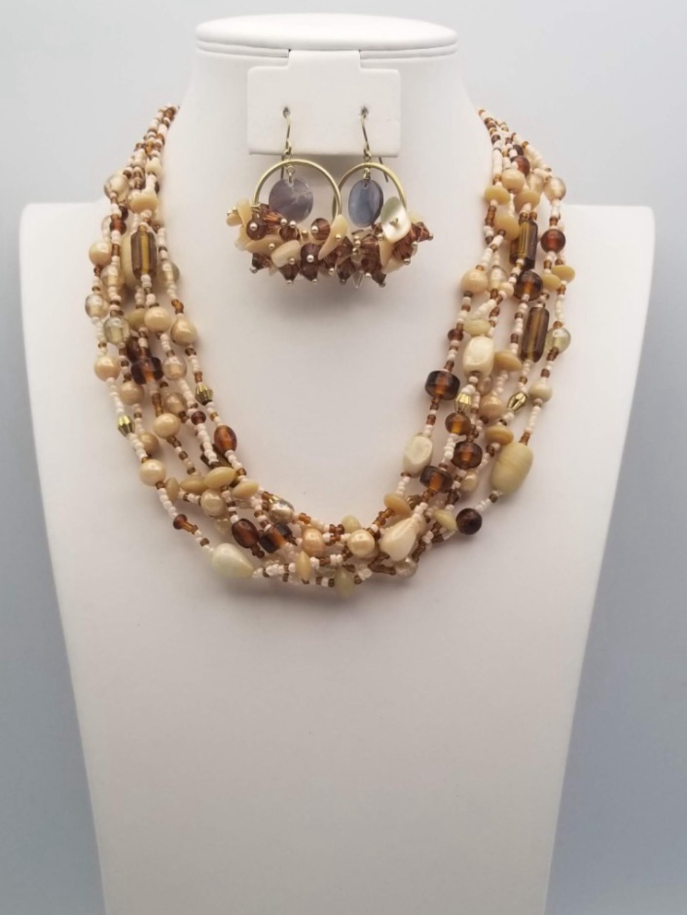 Multi-Strand Cream and Brown Beaded Necklace with Matching Earrings